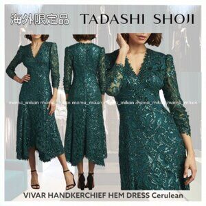 Tadashi Shoji Dress Womens 16 Cerulean Green Vivar Handkerchief Hem V Neck Midi